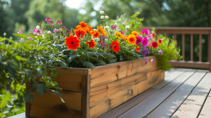 A DIY wooden planter box filled with vibrant flowers adding a pop of color to a neutralcolored deck.