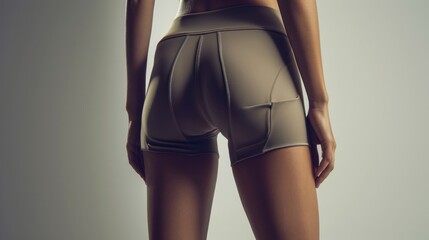 Close up photo of shapely woman's buttocks in gray shorts