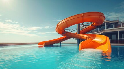 Water slides and swimming pool in aqua park. Amusement park on tourist resort - obrazy, fototapety, plakaty