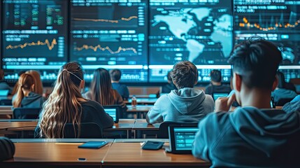 college students learning finance and cryptocurrency in an interactive classroom highly realistic - obrazy, fototapety, plakaty