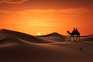 Fototapeta na wymiar View of rolling sand dunes with the silhouette of a lone camel caravan at dusk