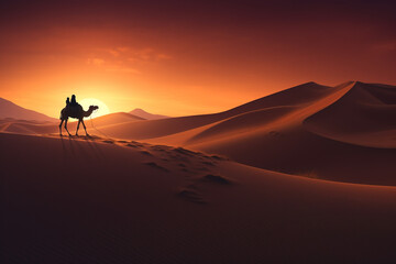Fototapeta na wymiar View of rolling sand dunes with the silhouette of a lone camel caravan at dusk