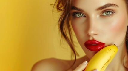 Close-up portrait of nice glamorous lady holding in hands banana with red lips isolated yellow background - 740475841