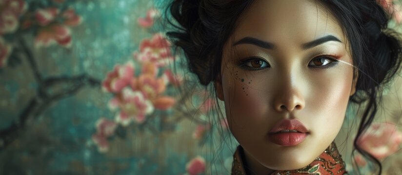 Portrait of a serene woman wearing a beautiful flowered headband and elegant necklace