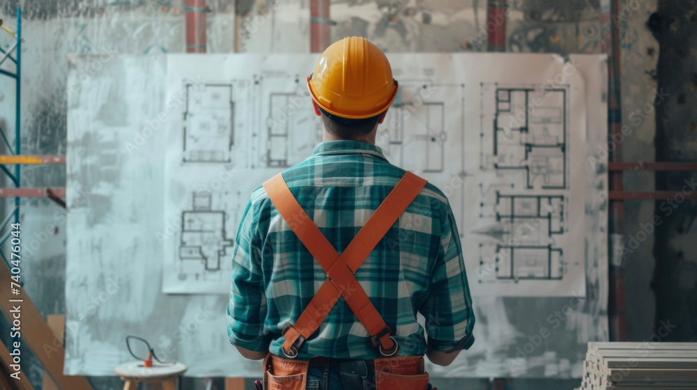 Poster a construction worker standing in front of a large whiteboard mapping out timelines and budgets for 