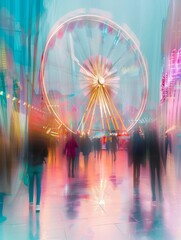 People in amusement park., ferris wheel in evening festive lights. Defocused effect.