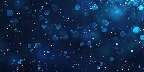Dark blue abstract background with white circles. A backdrop with bokeh spots. The illustration resembles falling snow