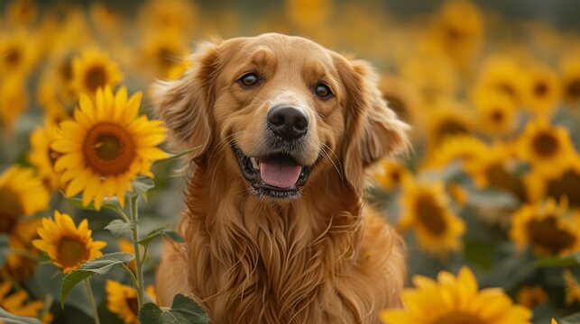 Cute dog on flower filed background at sunset time.