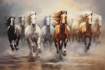 Illustration of a painting of seven horses - obrazy, fototapety, plakaty