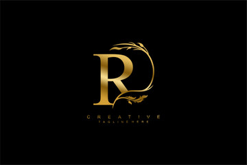 luxury gold letter R logo design with beautiful flower and leaf ornaments. monogram R, logo typography. initials R. typography. for business logos, boutiques, companies, beauty, etc