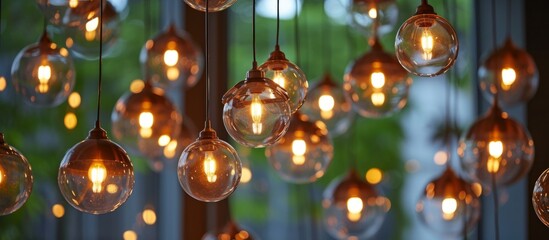 Fototapeta na wymiar Illuminating Ideas: A Beautiful Array of Light Bulbs Hanging from the Ceiling