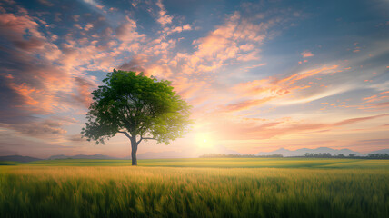 A lone tree standing in a lush green field against a backdrop of a stunning, colorful sunset sky.
