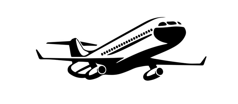 A clipart with a black silhouette of an airplane on the side, highlighted on a white background. Flat shape in the stencil style. Simple vector image