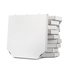 One blank pizza box over a stack Stack of nine closed white cardboard pizza boxes isolated....