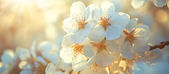 A close up of white flowers on a tree branch, showcasing the delicate petals of the blossom against the peach-colored twig. 