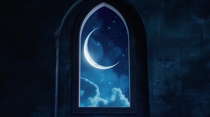 Mystical Window with Crescent Moon in Night Sky