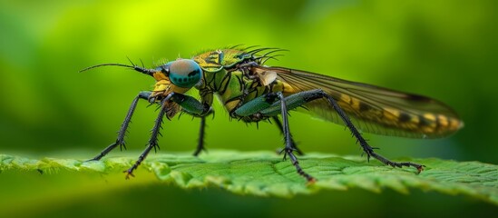 Naklejka premium A close up of an arthropod, insect pest the mosquito, sitting on top of a green leaf, a terrestrial plant. This invertebrate parasite is a membranewinged insect often mistaken for a damselfly