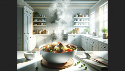 Bright white kitchen setting, featuring a hot steaming bowl of classic beef stew.