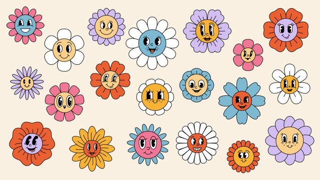 Retro hippie groovy daisy sunflower flowers characters set. Isolated vector cute happy chamomile bloom with vibrant joyous smile, floral reminiscent of the 70s, spreading joy with cheerful presence