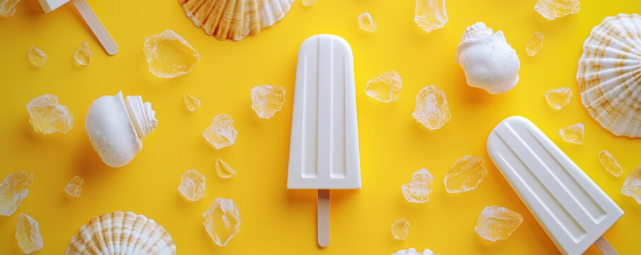 Top view summer ice cream and shells on yellow background
