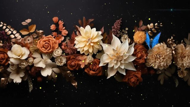 beautiful flower background.  autumn composition made of beautiful flowers on dark background. seamless looping overlay 4k virtual video animation background 