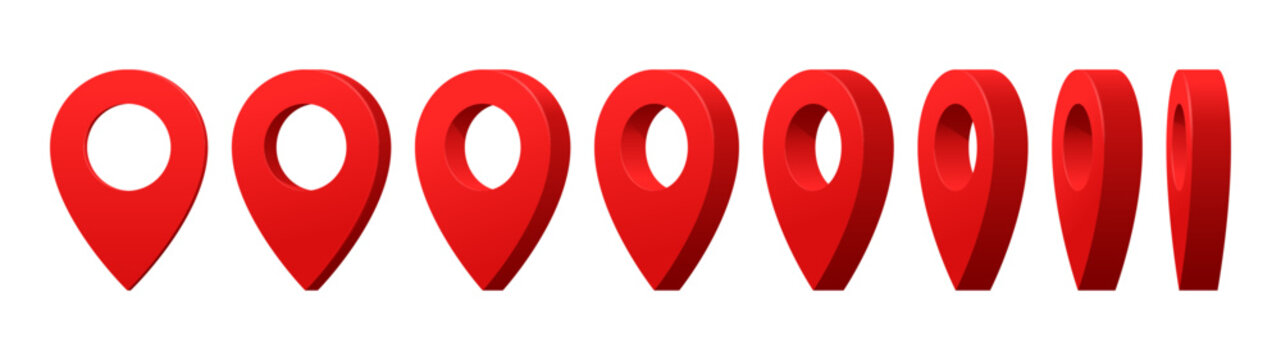 3D locator pin animated game sprite, location point in rotation for map, vector animation. Red location pin animated sprite sheet for geolocation pinpoint, position navigation or destination point