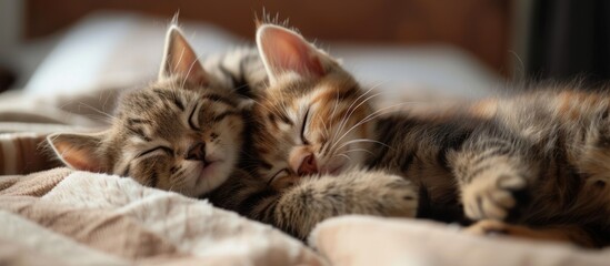 Adorable two kittens peacefully sleeping together on cozy bed at home