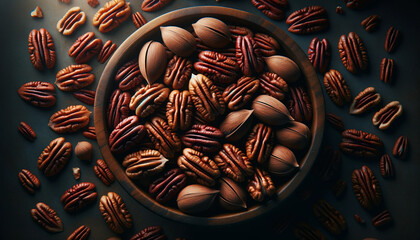 a top view texture of pecans. - obrazy, fototapety, plakaty