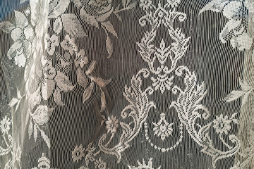 Detail of intricate patterns in an antique lace curtain hanging in a window