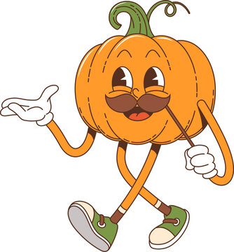 Cartoon retro pumpkin vegetable groovy character dons thick, twirly props mustaches. Isolated vector Halloween or Thanksgiving colorful, playful, psychedelic veg personage, exuding fun, vintage vibe