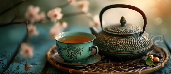 Obraz na płótnie Canvas a cup of tea and a teapot on a tray on a table . High quality