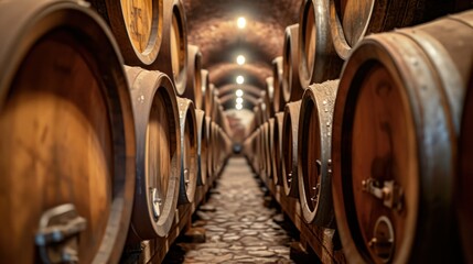 Wine cellar. Wine or whiskey barrels. French wooden barrels