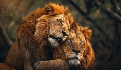 Fototapeta premium lion and lioness in a moment full of tenderness