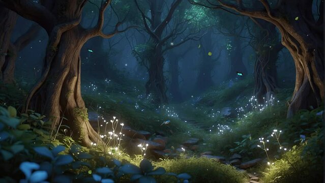 Experience the enchanting beauty of a nighttime forest adorned with butterflies and glowing plants, animated in a captivating 4K circle animation with an anime art style