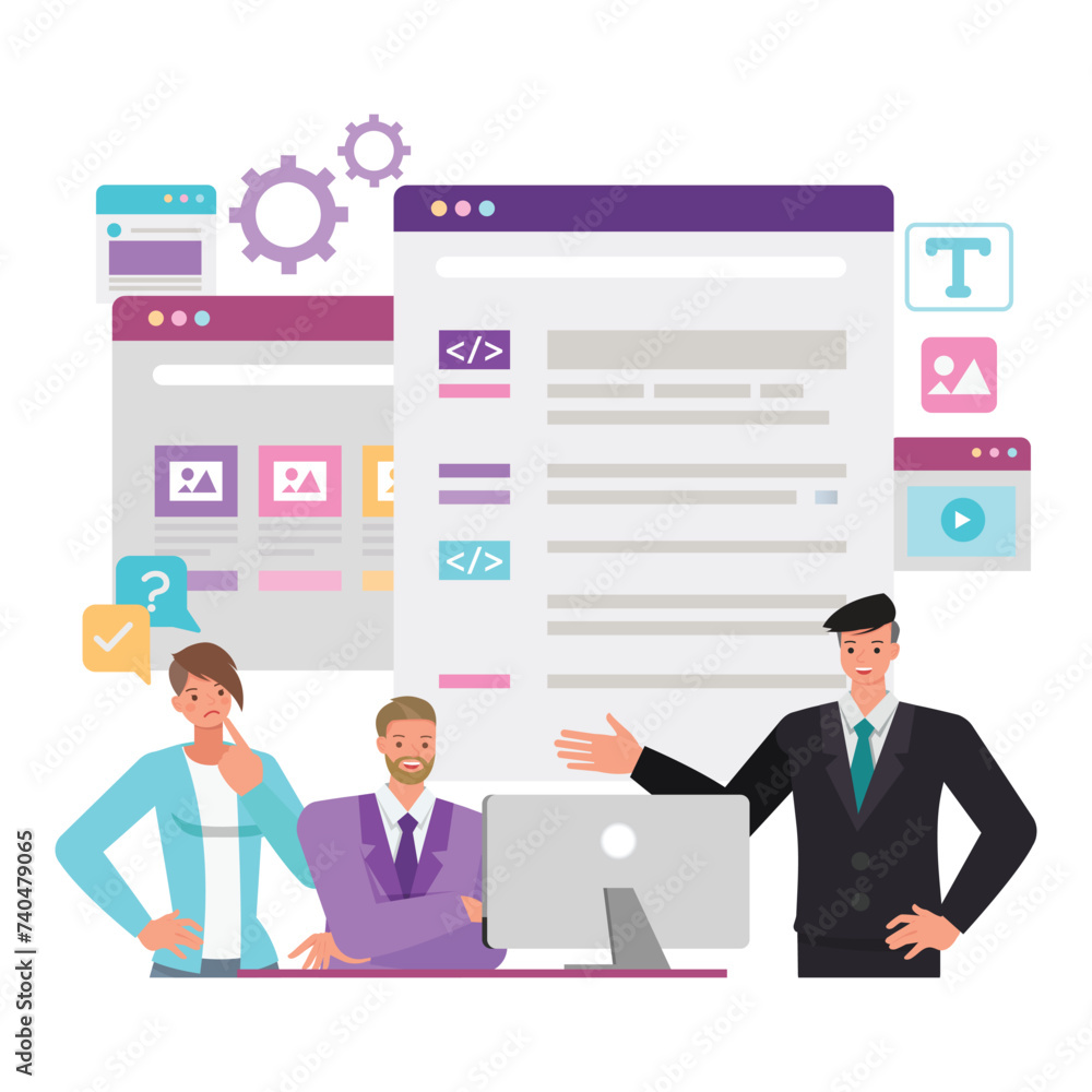 Poster web development illustration concept. office man and woman working on computer to create website. bu