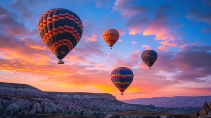 Fototapeta na wymiar Colorful hot air balloons flying over mountain