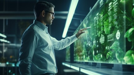 Fototapeta premium A professional bioengineer studies crops on a modern digital screen in a biotechnology laboratory. Growing organic eco-friendly food in a greenhouse.