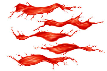 Red tomato juice or ketchup sauce wave splashes with drops splatter, realistic vector. Red paint or tomato juice spill flow with explosion splash with drops of sweet berry jam, fruit syrup or blood - obrazy, fototapety, plakaty