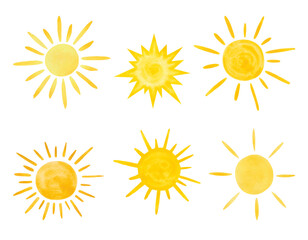 The sun set, watercolor illustration, isolated on a white background, hand-drawn. A decorative bright element for a holiday, design, decoration. A yellow star with rays.