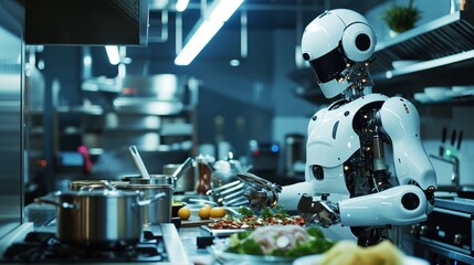 A robot chef in a high-end restaurant kitchen, preparing gourmet dishes with robotic precision.