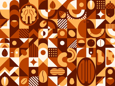 Nut and grain abstract geometric pattern. Vector background features walnut, acorn and pecan, almond, cashew, pistachio or hazelnut with coffee seeds. Contemporary minimalistic design in brown colors