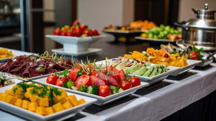 Group catering buffet food indoor in restaurant with steak meat colorful salad, healthy fresh fruits and vegetables. Hotel event wedding breakfast dinner lunch banquet