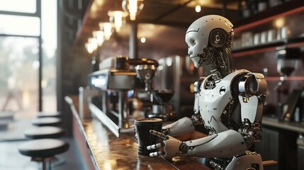 A robot barista serving coffee in a modern caf?(C).