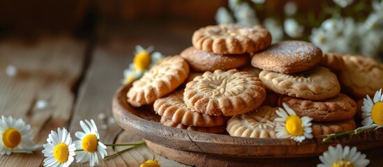 A wooden table is adorned with a wooden bowl filled with cookies and daisies, making for a charming display of baked goods and natural elements
