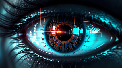 Human eye close-up, future digital eye data network and network security technology background - obrazy, fototapety, plakaty