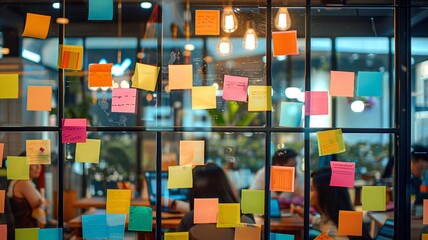 A team of employees brainstorms and discusses post-it notes on the glass wall at the office.