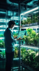 A professional male bioengineer with a tablet computer studies plants in a modern vertical farm. Greenhouse vegetables and greens, Eco-friendly organic food concepts.