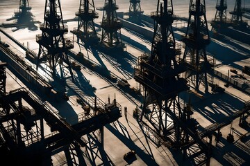 The intricate patterns of shadows cast by oil derricks at noon, creating a captivating play of...