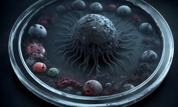 An auto part resembling a cell in a petri dish surrounded by others in a circular formation, radiating a glow akin to automotive lighting in darkness
