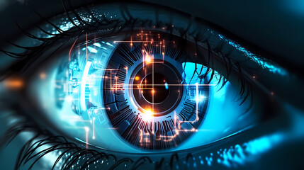 Human eye close-up, future digital eye data network and network security technology background - obrazy, fototapety, plakaty